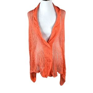 Fishnet Knit Button Up Cardishawl, Salmon, Coral, OS